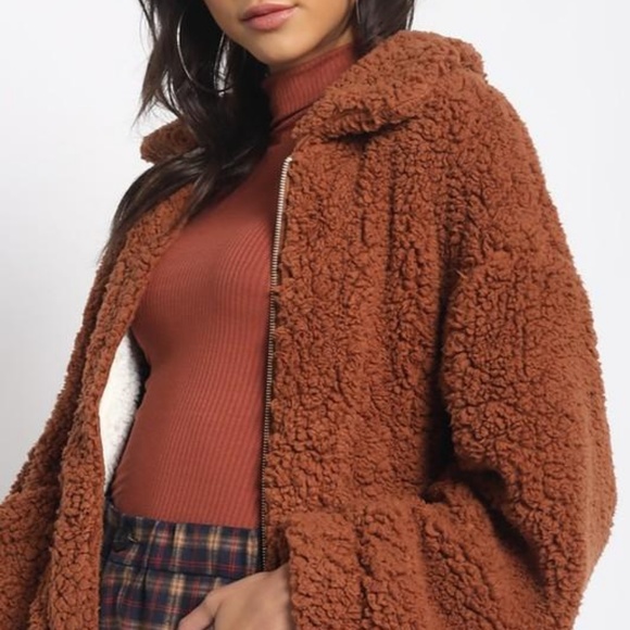 Sale! Rust Contrasting Fuzzy Sherpa Jacket - Picture 4 of 8